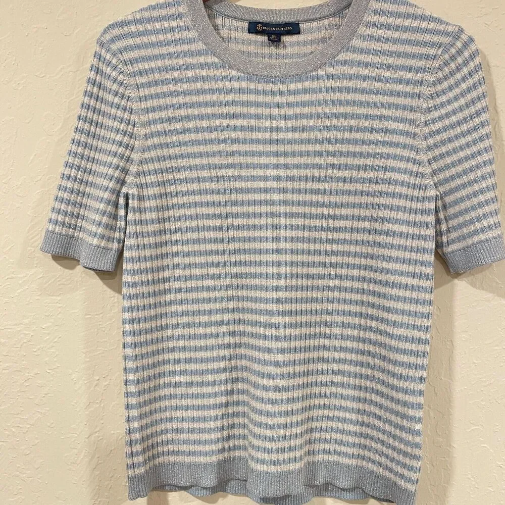 ~ Brooks Brothers XL Sweater Short Sleeved Striped Metallic Ribbed Knit Lt Blue